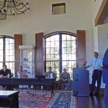 Associate Professor of Political Science and Director of the Center for the Study of Democracy Antonio Ugues Jr. speaks to delegation from Pärnu County, Estonia at SMCM earlier this month 