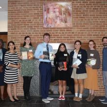 Shown in photo from left: SMCM President Tuajuanda C. Jordan; Angie Draheim (SMCM psychology department staff and Zeta Chapter secretary); Alexandria Stevens (King’s Christian Academy); Mikah Mohun-Hintze (Leonardtown High School); Angelena Holmes (Chopticon High School); Erika Gensley (St. Mary’s Ryken High School); Kathleen O’Toole (Great Mills High School); Colby Nelson (senior lecturer of English at SMCM and Zeta Chapter book award coordinator). 