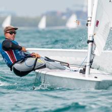 Leo Boucher competing in the single handed (ILCA 7) event of the Olympic Trials 