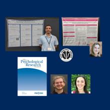 A collage featuring a person standing by a large academic poster, logos, journal cover, and headshots of three individuals against a blue background. The poster is about psychology laboratory courses, and there's a seal of a psychological organization.