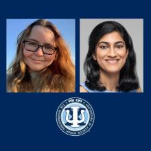 Two smiling individuals are pictured against a blue background, each in separate squares. Below them is the Psi Chi International Honor Society in Psychology emblem, featuring a torch and laurel design.