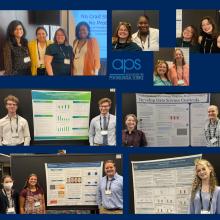Collage of people standing by research posters and posing at an event, with APS (Association for Psychological Science) signage visible in one photo.