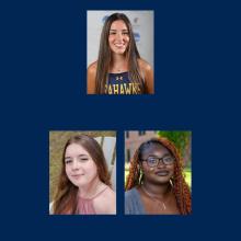 A photo collage of three women: one at the top in an athletic jersey, and two at the bottom, one with long brown hair and one with long braids and glasses.