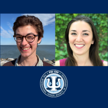 Two people smiling, one standing by a rocky shoreline and the other in front of greenery, above the Psi Chi International Honor Society in Psychology logo on a blue background.