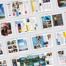 Pages of a booklet are laid out in a grid, displaying colorful pages with photos, text, and graphics about campus life and student activities.