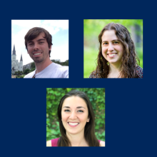 Three individual portrait photos on a blue background: a man in front of a cathedral, a woman with curly hair outdoors, and a woman with straight dark hair in front of greenery.