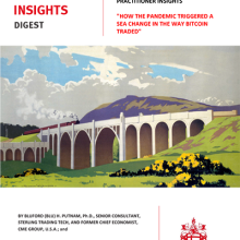 An illustration of a train crossing a large bridge with the headline about bitcoin and the pandemic.