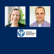 Two people, smiling, are pictured above the American Psychological Association logo, set against a solid blue background.
