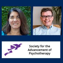 Two people are pictured in individual portrait photos above the Society for the Advancement of Psychotherapy logo with stylized purple birds.