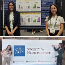 Two women stand in front of a scientific poster in one photo and in front of a Society for Neuroscience banner in another, at a conference.