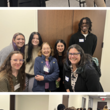 Three photos: two women presenting a research poster, a group of people smiling at the camera, and a crowd conversing at an indoor academic event.