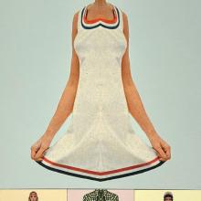 Artwork by Sue Johnson: Small Combine V. 6 (Cool Cat), 2025, acrylic and wax painting with archival pigment print and image transfer on paper mounted on wood panel, 32x18 inches. The image shows a stylized illustration of a woman in a white dress with red and blue trim, above three smaller images of models showing different 1960s-style outfits.