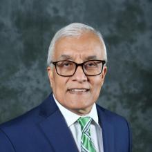 Older man with white hair and glasses, wearing a navy suit, white shirt, and green striped tie, posing in front of a mottled gray background.