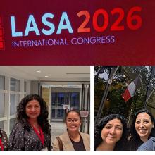 Collage with "LASA2026 International Congress" logo above two photos of four people standing together indoors and outdoors, smiling at the camera.