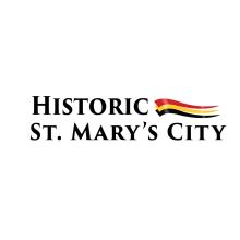 Logo for Historic St. Mary’s City with black text and a red, yellow, and black ribbon design above the word "Historic.