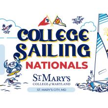 Illustrated poster for College Sailing Nationals at St. Mary's College of Maryland, featuring boats, birds, and event details in St. Mary's City, MD.