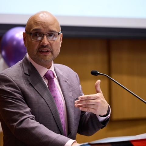 Rafael addressing a gathering of LGBTQ+ students, faculty and staff in 2023.