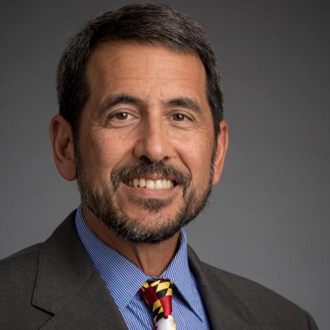 A man with short dark hair and a beard, wearing a gray suit, blue striped shirt, and a colorful tie, smiling at the camera against a plain gray background.