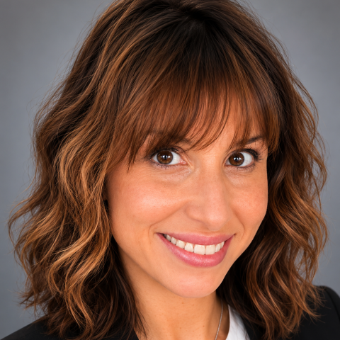 Woman with wavy brown hair wearing a black blazer and white blouse, smiling at the camera against a gray background.