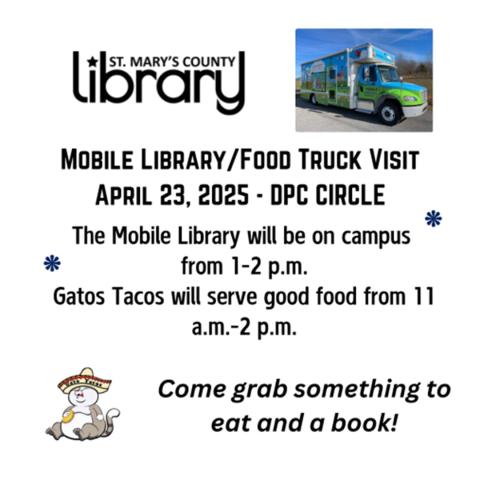 St. Mary's County Library mobile library and Gatos Tacos food truck visit St. Mary's College of Maryland
