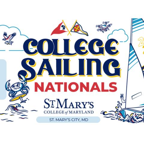 Illustrated poster for College Sailing Nationals at St. Mary's College of Maryland, featuring sailing boats and nautical-themed drawings.