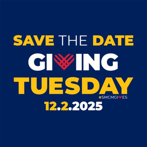 A graphic with the text "Save the Date Giving Tuesday 12.2.2025 #SMCMGIVES" on a blue background. The "V" in "GIVING" is shaped like a red heart.