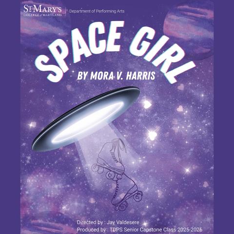 Poster for the play "Space Girl" by Mora V. Harris shows a UFO beaming up roller skates against a purple starry sky background.