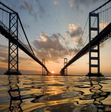 Fleming original photo: Between the spans of the Chesapeake Bay Bridge at sunset, August 2014
