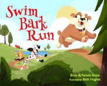 Swim, Bark, Run cover with several dogs running after each other in a forest.