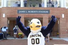 mascot Solomon the Seahawk pictured in front of the Jamie L. Roberts Stadium