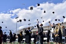 Graduates throwing their caps in the air after a Grad Walk shown