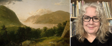 painting of a Hudson River landscape (public domain) and portrait of Sue Johnson
