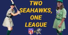  graphic of Julie Croteau '93 and Skylar Kaplan '25 in "A League of Their Own" wardrobe with words Two Seahawks, One League 