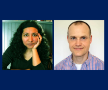 portraits of Argelia González Hurtado and James Martell on a blue background 