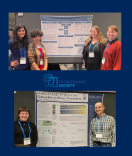 Psychology students and faculty in front of research posters at the Psychonomic Society meeting in 2024