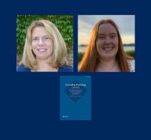 Jennifer Tickle (smiling female with medium length blond hair and blue eyes wearing a blue top) and Julia Fitzpatrick (smiling female with long red hair) and image of Counselling Psychology journal cover