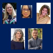 Five adults are shown in individual portrait photos arranged on a blue background. Four are women and one is a man. They are all smiling and looking at the camera.