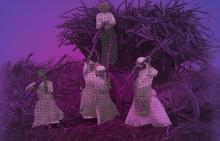Four women load sugarcane onto a large wooden cart, set against a purple-tinted background.