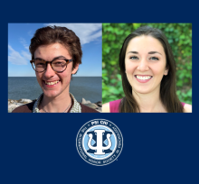 Two people smiling, one standing by a rocky shoreline and the other in front of greenery, above the Psi Chi International Honor Society in Psychology logo on a blue background.
