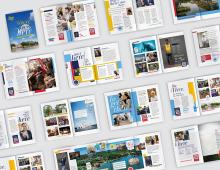 Pages of a booklet are laid out in a grid, displaying colorful pages with photos, text, and graphics about campus life and student activities.