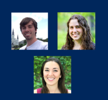 Three individual portrait photos are arranged on a dark blue background; two at the top and one centered below. Each person is smiling.