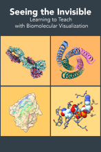 Cover art for "Seeing the Invisible: Learning to Teach with Biomolecular Visualization," featuring four colorful 3D molecular structure models.