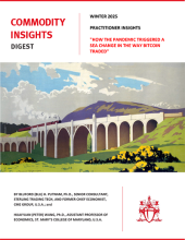 Cover of "Commodity Insights Digest," Winter 2025 edition, featuring an illustration of a train crossing a large bridge with the headline about bitcoin and the pandemic.