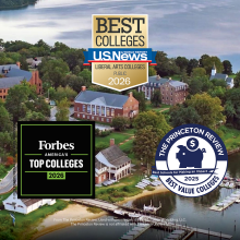 Aerial view of a college campus with award badges from U.S. News, Forbes, and The Princeton Review highlighting top college rankings for 2025 and 2026.