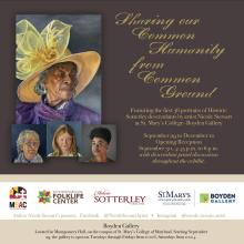Event poster for "Sharing our Common Humanity from Common Ground," an art exhibition at St. Mary’s College featuring 38 historic portraits by Nicole Stewart, September 29 to December 8.