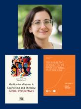 A woman with glasses is shown above two book and journal covers related to psychology and multicultural counseling.
