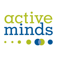 The image shows the words "active minds" in green and blue text above a row of five green and blue dots on a white background.