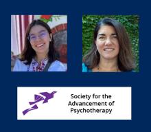 Two women’s headshots are shown above the Society for the Advancement of Psychotherapy logo featuring a purple origami bird.