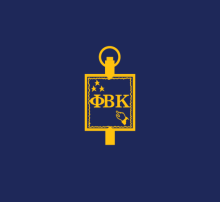 A gold emblem with Greek letters, three stars, and a pointing hand on a blue background, resembling a flag or banner with a circular handle at the top.