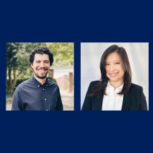 Two people are shown in separate portraits against a blue background; the man is outdoors and smiling, the woman is indoors and also smiling.